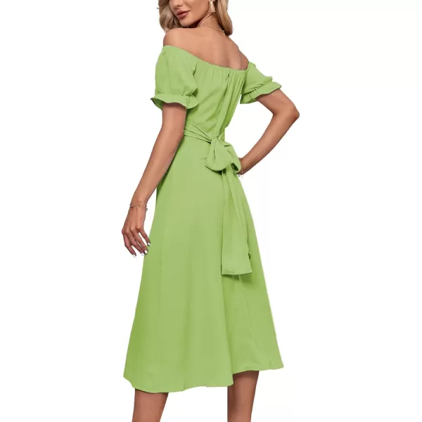 LYANER Women's Off Shoulder Wrap Ruffle Puff Short Sleeve Ruched Tie Back Dress