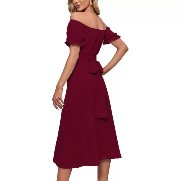 LYANER Women's Off Shoulder Wrap Ruffle Puff Short Sleeve Ruched Tie Back Dress