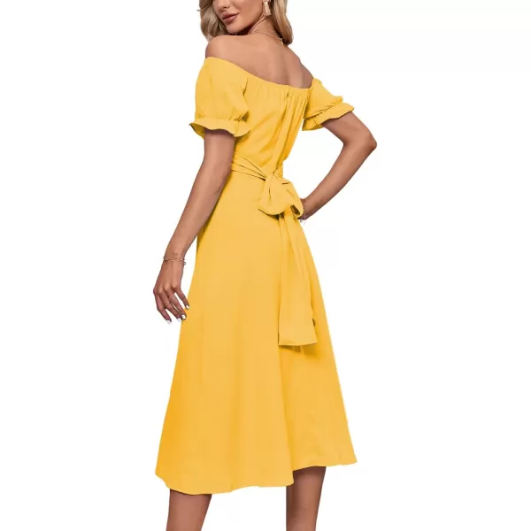 LYANER Women's Off Shoulder Wrap Ruffle Puff Short Sleeve Ruched Tie Back Dress