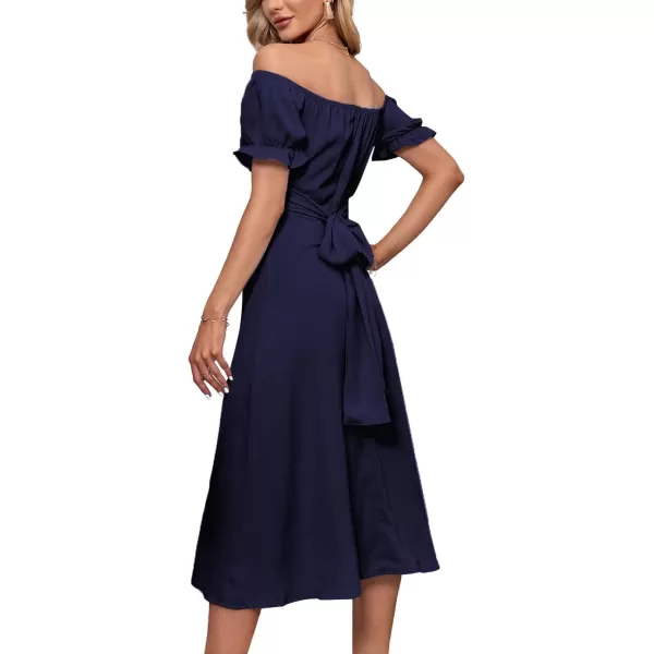 LYANER Women's Off Shoulder Wrap Ruffle Puff Short Sleeve Ruched Tie Back Dress