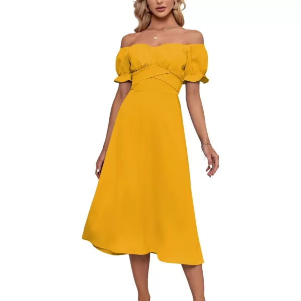 LYANER Women's Off Shoulder Wrap Ruffle Puff Short Sleeve Ruched Tie Back Dress