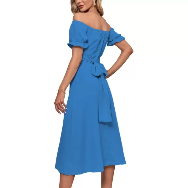 LYANER Women's Off Shoulder Wrap Ruffle Puff Short Sleeve Ruched Tie Back Dress