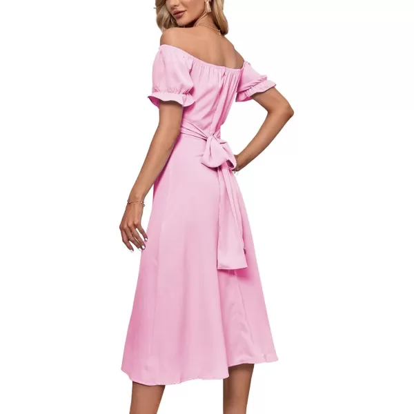 LYANER Women's Off Shoulder Wrap Ruffle Puff Short Sleeve Ruched Tie Back Dress