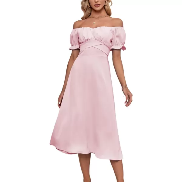 LYANER Women's Off Shoulder Wrap Ruffle Puff Short Sleeve Ruched Tie Back Dress