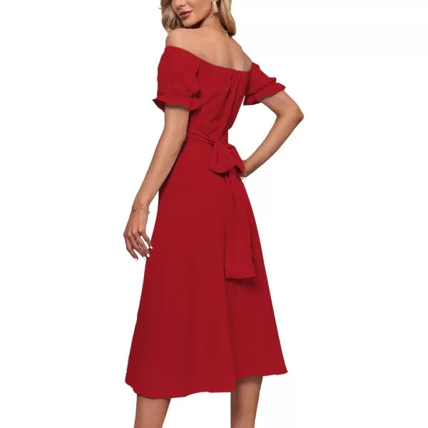 LYANER Women's Off Shoulder Wrap Ruffle Puff Short Sleeve Ruched Tie Back Dress