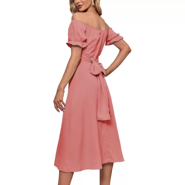 LYANER Women's Off Shoulder Wrap Ruffle Puff Short Sleeve Ruched Tie Back Dress