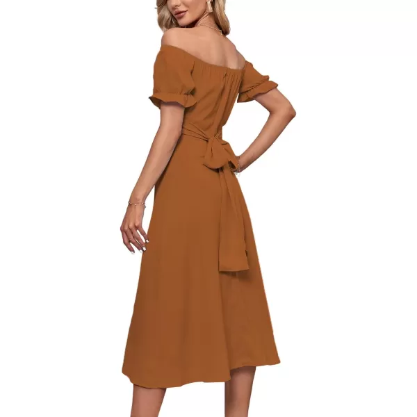 LYANER Women's Off Shoulder Wrap Ruffle Puff Short Sleeve Ruched Tie Back Dress