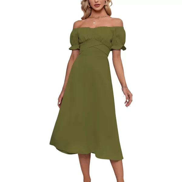 LYANER Women's Off Shoulder Wrap Ruffle Puff Short Sleeve Ruched Tie Back Dress