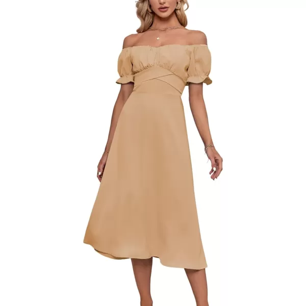 LYANER Women's Off Shoulder Wrap Ruffle Puff Short Sleeve Ruched Tie Back Dress