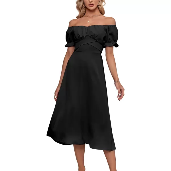 LYANER Women's Off Shoulder Wrap Ruffle Puff Short Sleeve Ruched Tie Back Dress