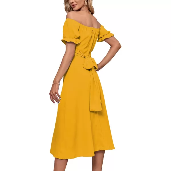 LYANER Women's Off Shoulder Wrap Ruffle Puff Short Sleeve Ruched Tie Back Dress