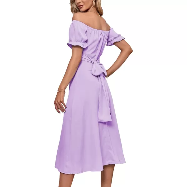 LYANER Women's Off Shoulder Wrap Ruffle Puff Short Sleeve Ruched Tie Back Dress