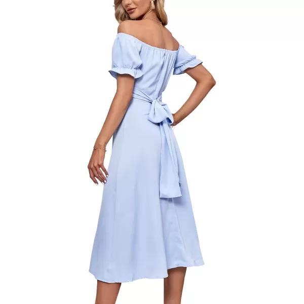 LYANER Women's Off Shoulder Wrap Ruffle Puff Short Sleeve Ruched Tie Back Dress