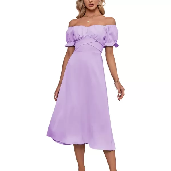 LYANER Women's Off Shoulder Wrap Ruffle Puff Short Sleeve Ruched Tie Back Dress