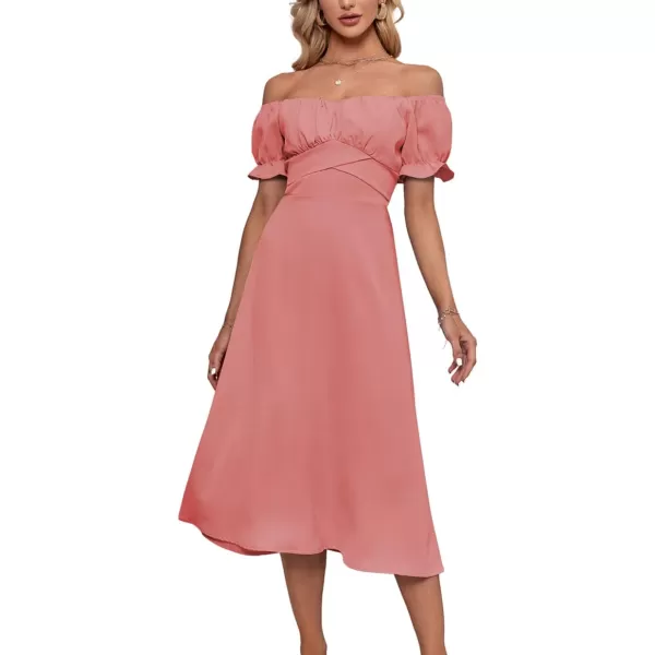 LYANER Women's Off Shoulder Wrap Ruffle Puff Short Sleeve Ruched Tie Back Dress