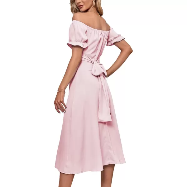 LYANER Women's Off Shoulder Wrap Ruffle Puff Short Sleeve Ruched Tie Back Dress