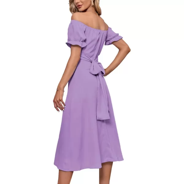 LYANER Women's Off Shoulder Wrap Ruffle Puff Short Sleeve Ruched Tie Back Dress