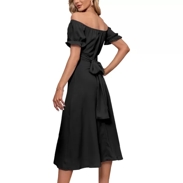 LYANER Women's Off Shoulder Wrap Ruffle Puff Short Sleeve Ruched Tie Back Dress