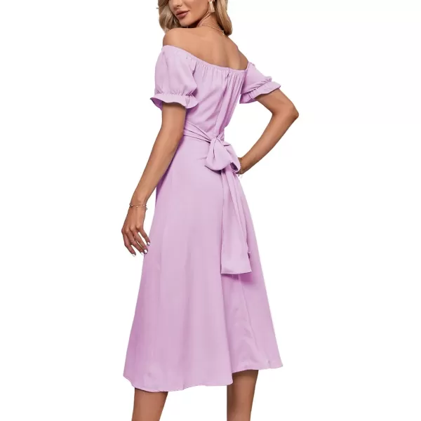 LYANER Women's Off Shoulder Wrap Ruffle Puff Short Sleeve Ruched Tie Back Dress