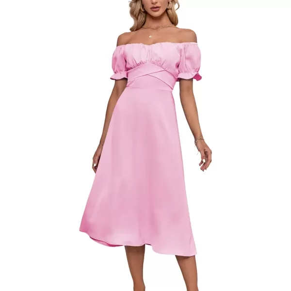 LYANER Women's Off Shoulder Wrap Ruffle Puff Short Sleeve Ruched Tie Back Dress