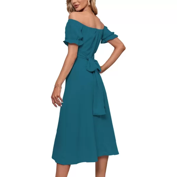 LYANER Women's Off Shoulder Wrap Ruffle Puff Short Sleeve Ruched Tie Back Dress