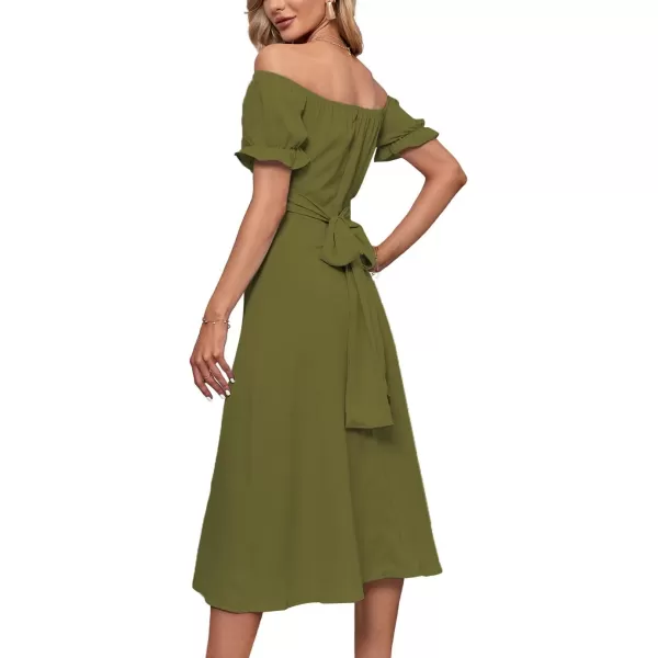 LYANER Women's Off Shoulder Wrap Ruffle Puff Short Sleeve Ruched Tie Back Dress