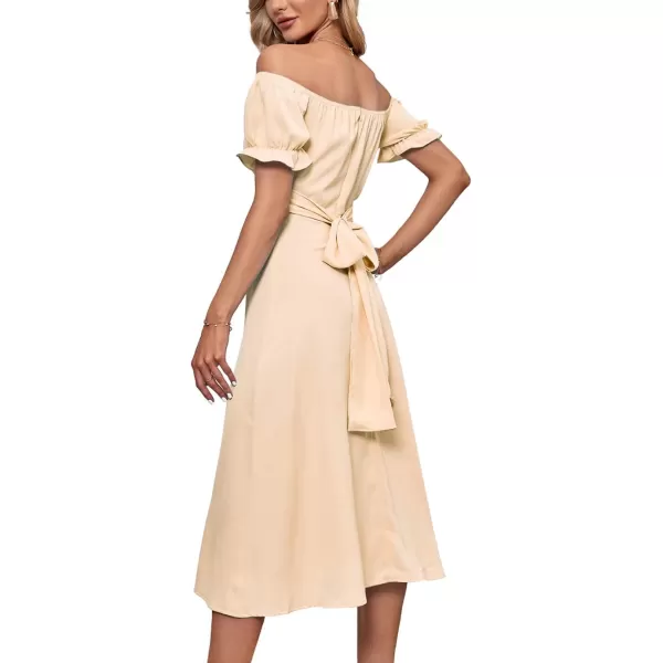 LYANER Women's Off Shoulder Wrap Ruffle Puff Short Sleeve Ruched Tie Back Dress
