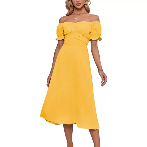 LYANER Women's Off Shoulder Wrap Ruffle Puff Short Sleeve Ruched Tie Back Dress