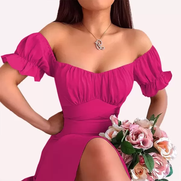 LYANER Women's Off Shoulder Wrap Ruffle Puff Short Sleeve Ruched Tie Back Dress