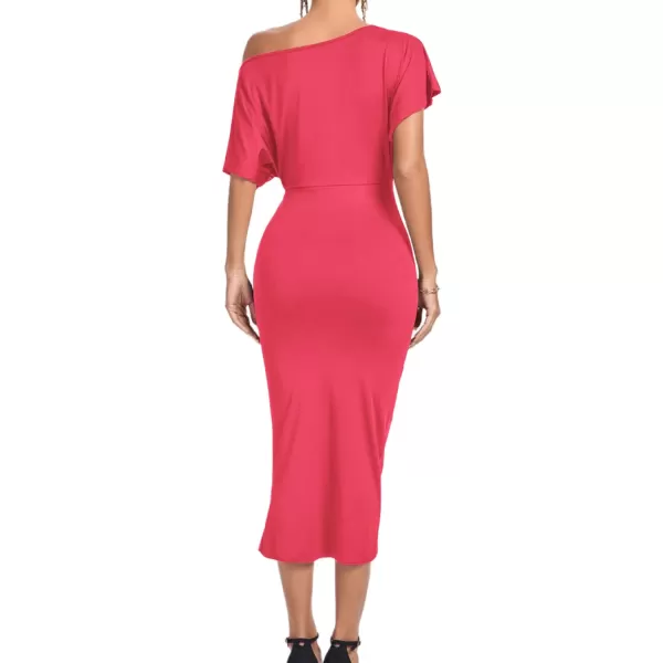 LYANER Women's One Off The Shoulder Ruched Wrap Front Split Hem Draped Party Midi Dress