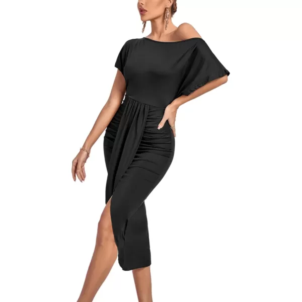 LYANER Women's One Off The Shoulder Ruched Wrap Front Split Hem Draped Party Midi Dress