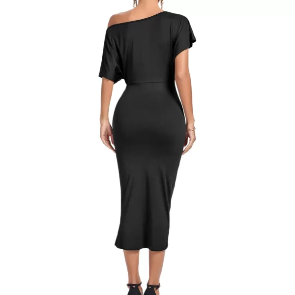LYANER Women's One Off The Shoulder Ruched Wrap Front Split Hem Draped Party Midi Dress