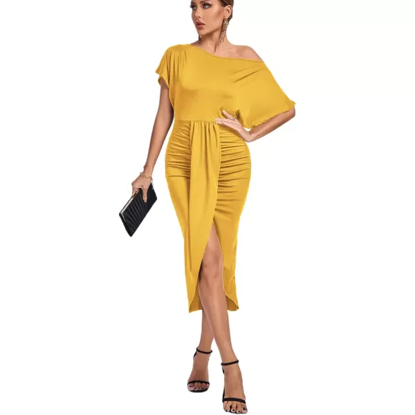 LYANER Women's One Off The Shoulder Ruched Wrap Front Split Hem Draped Party Midi Dress