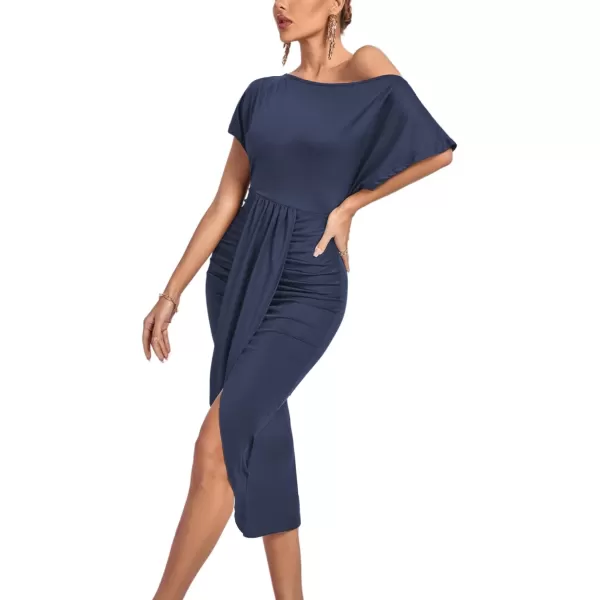 LYANER Women's One Off The Shoulder Ruched Wrap Front Split Hem Draped Party Midi Dress