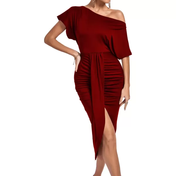 LYANER Women's One Off The Shoulder Ruched Wrap Front Split Hem Draped Party Midi Dress