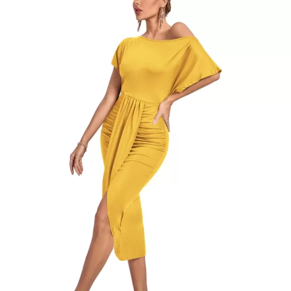 LYANER Women's One Off The Shoulder Ruched Wrap Front Split Hem Draped Party Midi Dress