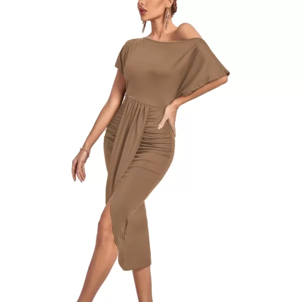 LYANER Women's One Off The Shoulder Ruched Wrap Front Split Hem Draped Party Midi Dress