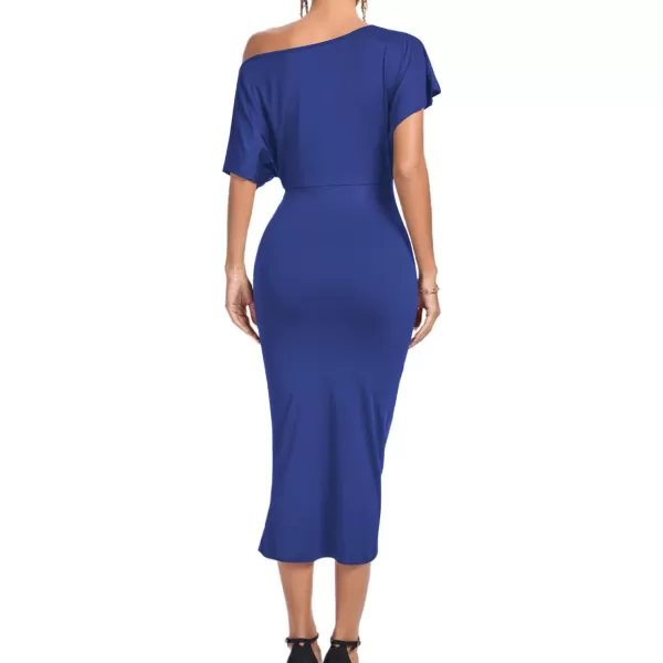 LYANER Women's One Off The Shoulder Ruched Wrap Front Split Hem Draped Party Midi Dress