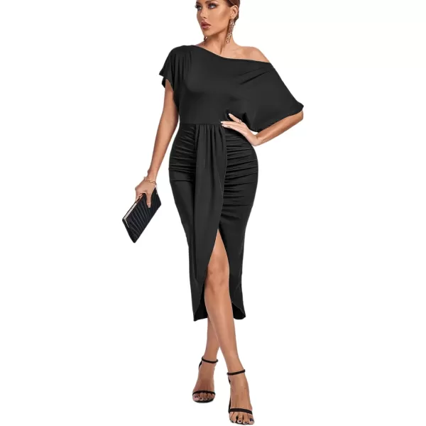 LYANER Women's One Off The Shoulder Ruched Wrap Front Split Hem Draped Party Midi Dress