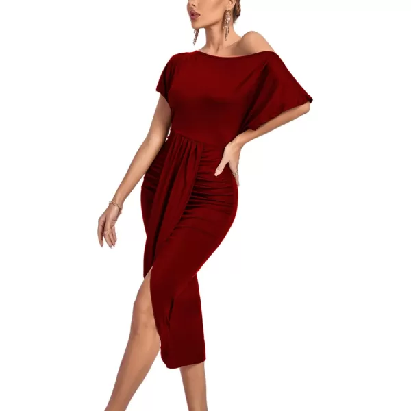 LYANER Women's One Off The Shoulder Ruched Wrap Front Split Hem Draped Party Midi Dress
