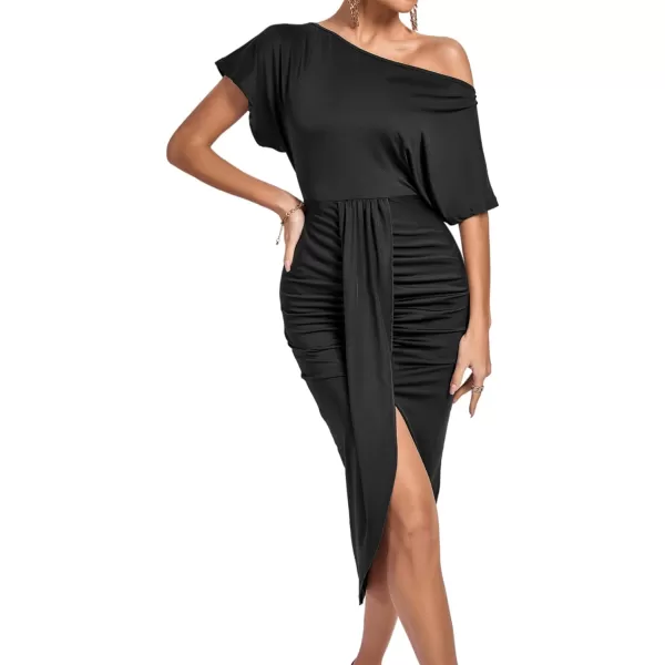 LYANER Women's One Off The Shoulder Ruched Wrap Front Split Hem Draped Party Midi Dress
