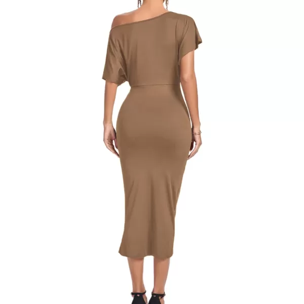 LYANER Women's One Off The Shoulder Ruched Wrap Front Split Hem Draped Party Midi Dress