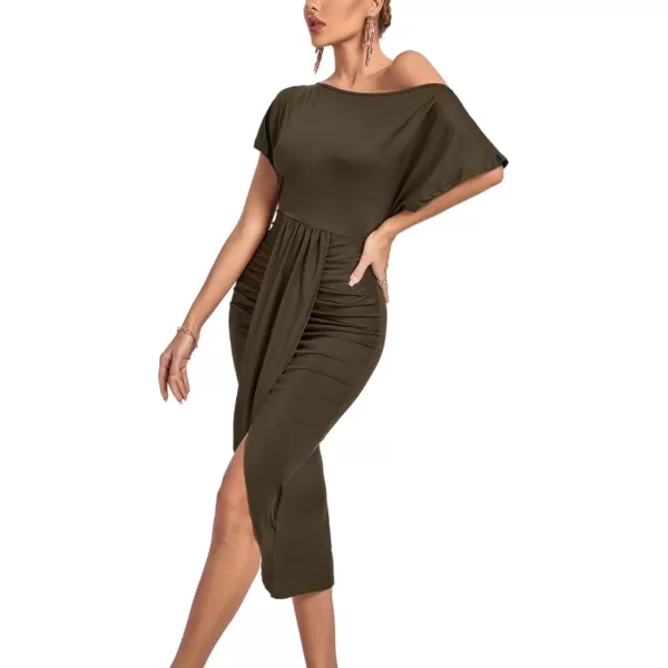 LYANER Women's One Off The Shoulder Ruched Wrap Front Split Hem Draped Party Midi Dress