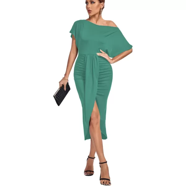 LYANER Women's One Off The Shoulder Ruched Wrap Front Split Hem Draped Party Midi Dress