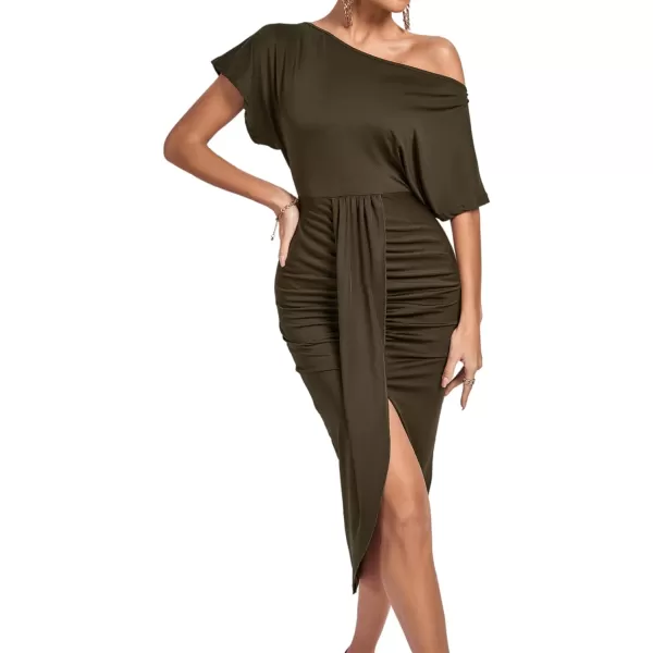 LYANER Women's One Off The Shoulder Ruched Wrap Front Split Hem Draped Party Midi Dress