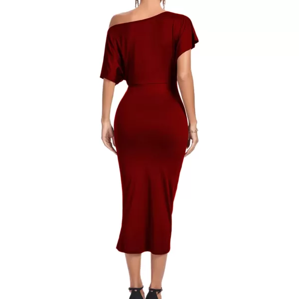 LYANER Women's One Off The Shoulder Ruched Wrap Front Split Hem Draped Party Midi Dress