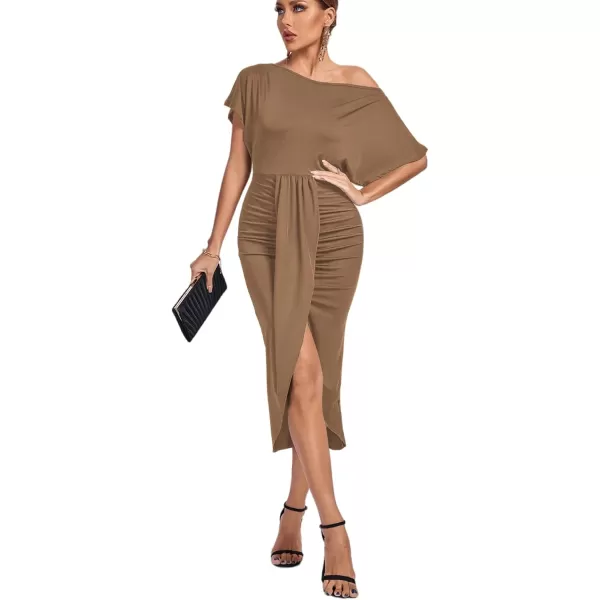 LYANER Women's One Off The Shoulder Ruched Wrap Front Split Hem Draped Party Midi Dress