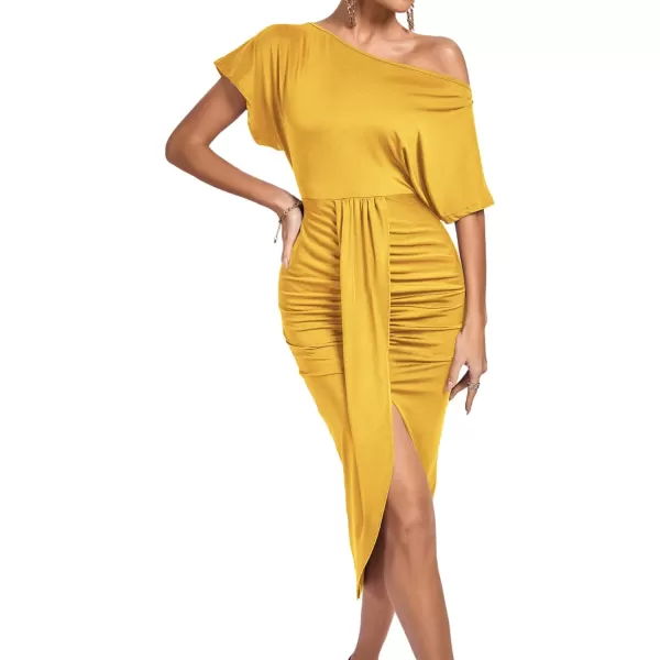LYANER Women's One Off The Shoulder Ruched Wrap Front Split Hem Draped Party Midi Dress
