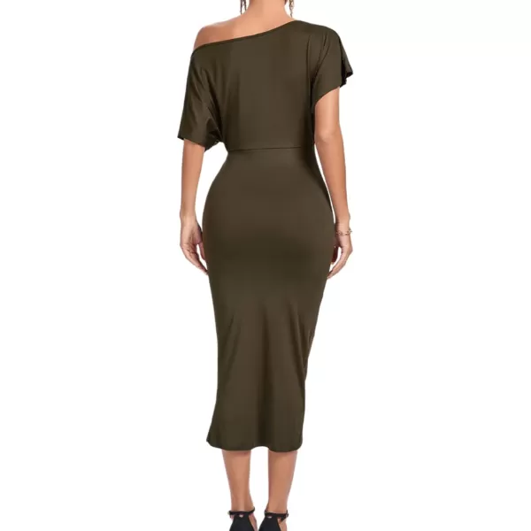 LYANER Women's One Off The Shoulder Ruched Wrap Front Split Hem Draped Party Midi Dress