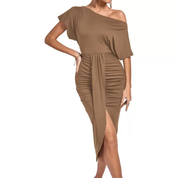 LYANER Women's One Off The Shoulder Ruched Wrap Front Split Hem Draped Party Midi Dress